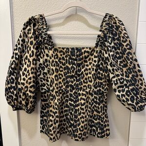 Ganni Black and Cream Puff Sleeve Blouse